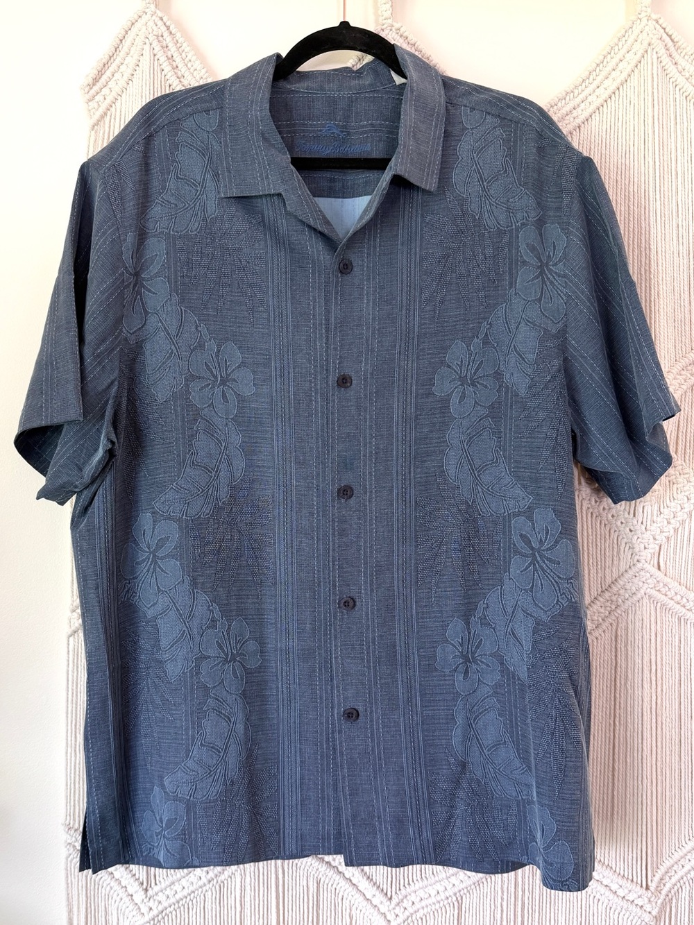 Tommy Bahama Silk Navy Blue Tropical Floral Leaf Button Down Shirt XL